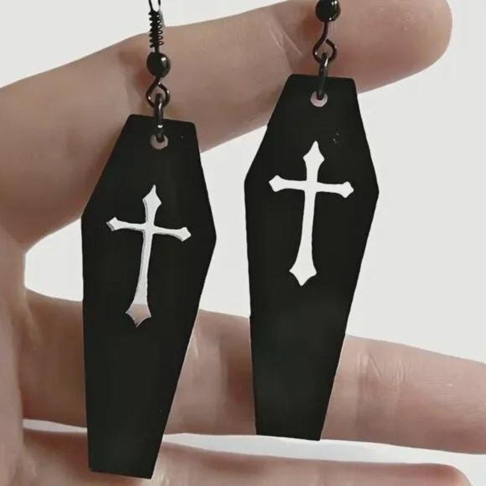 Gothic Vampire Earrings Black Coffin Cross Cutout Dangle Drop Punk Halloween NEW